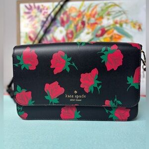Kate Spade Black Madison Rose Toss Printed Flap Crossbody Bag. NWOT